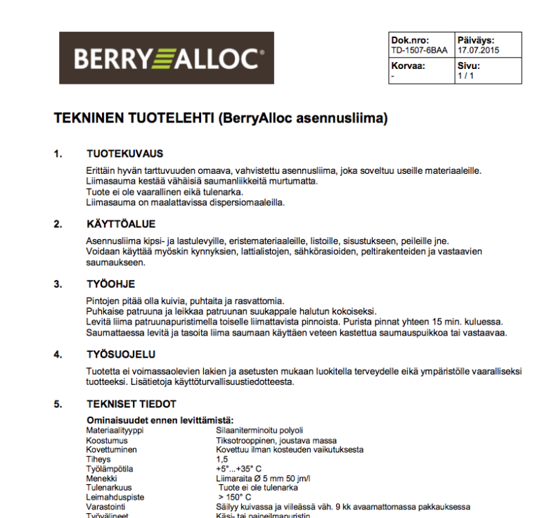 Asennusliima Berry Alloc – tekninen tuotelehti